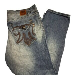 Mek Mens Jeans 40x34 Straight Leg Blue Denim Y2k Thick Stitch Embellished